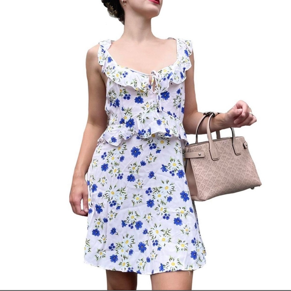 Forever 21 NWT Light Pink Floral Ruffle Dress with Blue Flowers